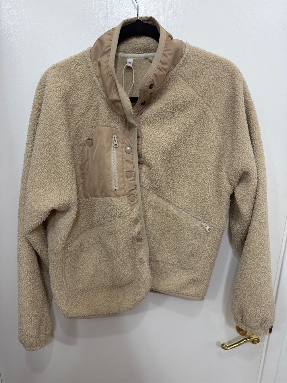Neutral Beige Teddy Jacket with Contrast Trim